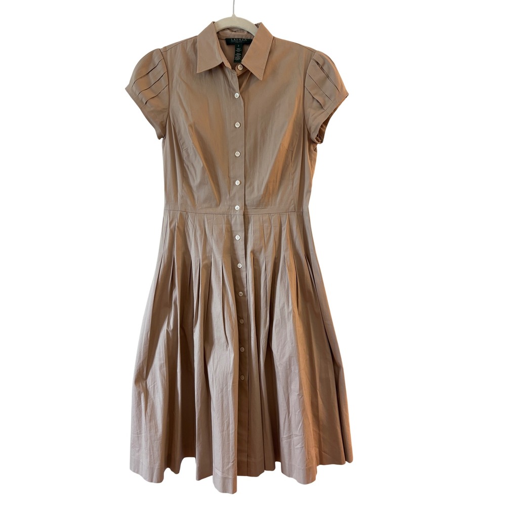Lauren Ralph Lauren Tan Pleated Cotton Shirt Dress Cap Sleeve Fit Flare Khaki 2